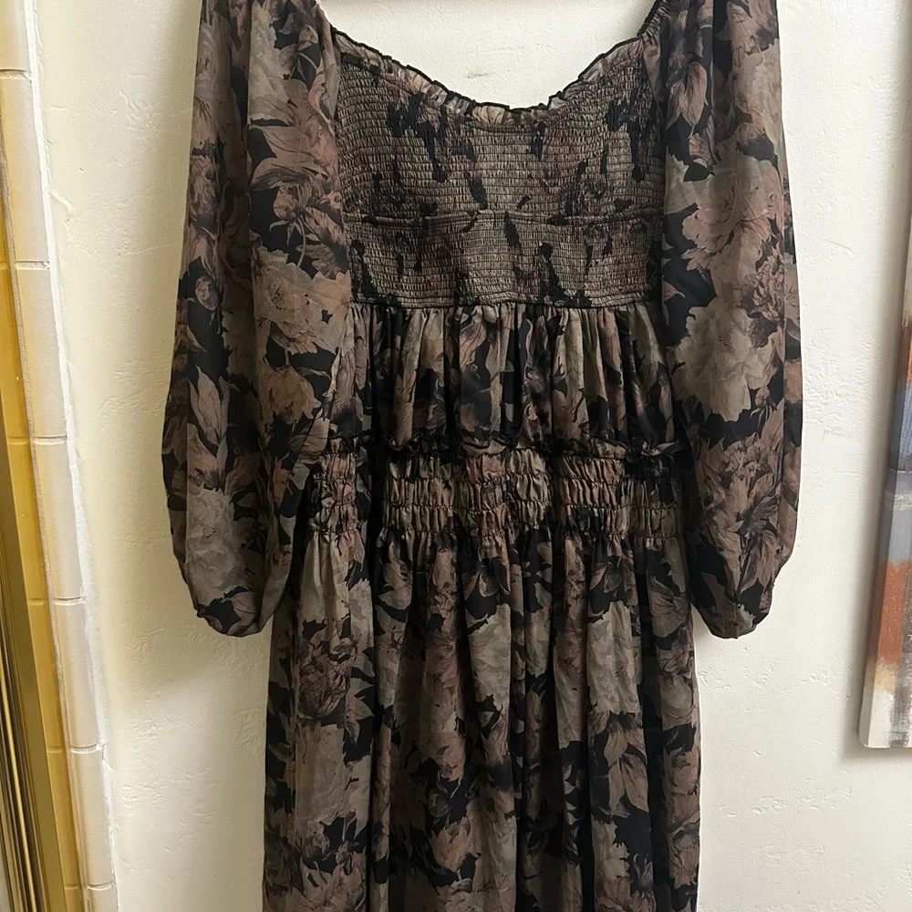 Carly Jean Los Angeles Smocked long sleeve Dress in Brown and Black - Picture 2 of 6